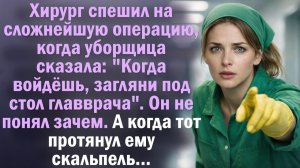Хирург спешил на операцию, когда уборщица сказала: "Когда войдёшь, загляни под стол главврача"