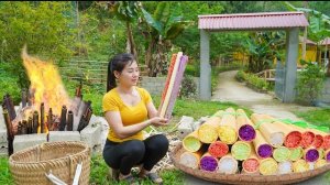 Готовлю разноцветный клейкий рис в бамбуковых трубочках и продаю на рынке. Нхат. Вьетнам