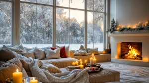 Уютный зимний вечер у камина ❄️ Тихий снег за окном и тёплый свет свечей