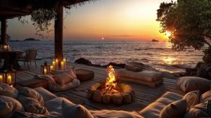Костер на закате на пляже — расслабляющий треск огня и шум океанских волн для сна