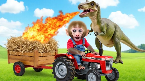 Мультики для детей, обезьянка убегает от динозавра/видео про обезьянку