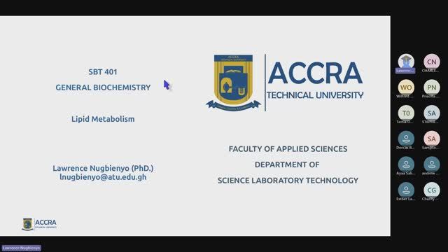 SBT 401 General Biochemistry (Weekend): Lipid Metabolism I