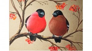 Пара снегирей. Рисунок гуашью на крафтовой бумаге.