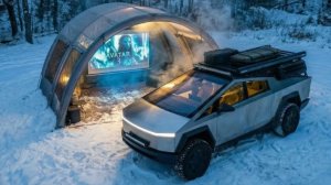 Зимний Кемпинг на Тесла Кибертрак. Смотрю фильмы снежной ночью.