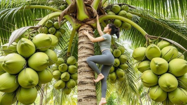 Поднимаюсь высоко, чтобы собрать урожай кокосов, личи, джекфрута и папайи. Таймлапс. Фуонг. Вьетнам