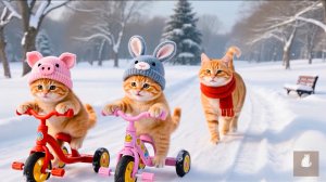 😹Мама кошечка со своими маленькими котятками гуляет зимой и катается на велосипеде🔥