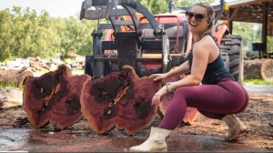 Торцевые спилы на ленточной пилораме .