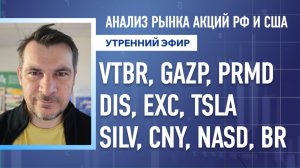 Анализ рынка акций РФ и США/ VTBR, GAZP, PRMD, DIS, EXC, TSLA/ SILV, CNY, NASD, BR