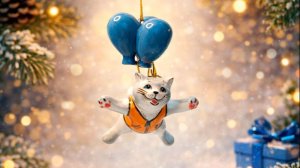 Елочная игрушка в цвете «Кот на шариках», гжельский фарфор