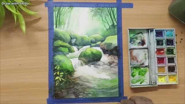 Пейзаж акварелью с водопадом и лесным ручьём смотреть онлайн