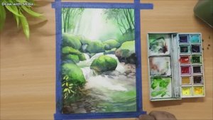 Пейзаж акварелью с водопадом и лесным ручьём