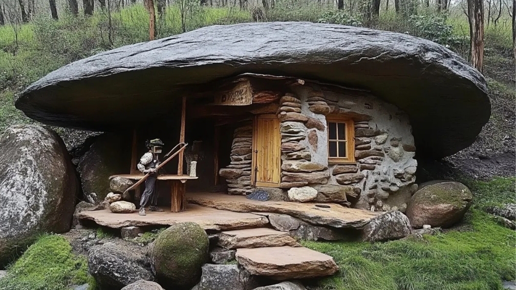 Человек строит скрытый дом в джунглях.