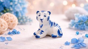 Скульптура "Тигренок Полосатик", гжельский фарфор