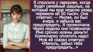 Перевели свекрови 50к на шашлык, но она «забыла» нас позвать. | ИСТОРИИ ИЗ ЖИЗНИ | АУДИО РАССКАЗЫ
