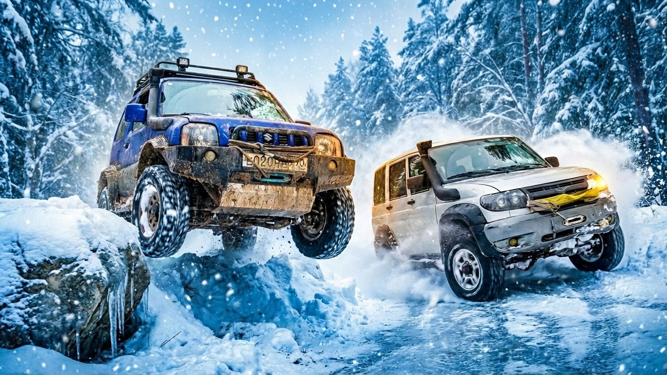 ОНИ ПОПАЛИ! Уаз Патриот разулся в ледяной луже Уаз и Jimny в зимнем оффроуд приключении смотреть онлайн