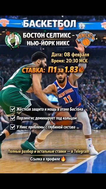 🏀 Бостон Селтикс – Нью-Йорк Никс 🗓 Дата: 08 февраля ⏰ Время: 20:30 МСК 🔥 Ставка: П1 за 1.83