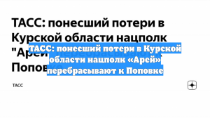 ТАСС: понесший потери в Курской области нацполк «Арей» перебрасывают к Поповке