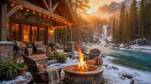 Умиротворяющая Зимняя Атмосфера на Веранде Домика у Реки: Кострище, Водопад и Приятное Пение Птиц