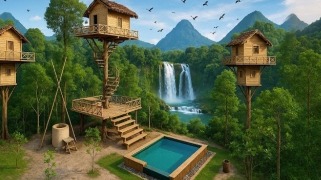 Строительство дома на дереве и бассейна в джунглях.