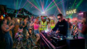 Рейв в деревне 24/7. Звёзды над головой, бас в груди. Кошачий продюсер и команда "рвут танцпол"