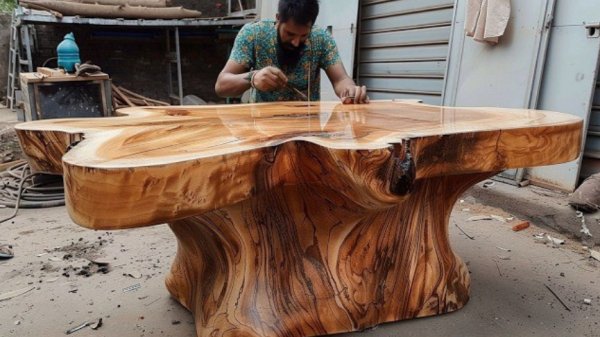Мужчина превращает дерево с участка в невероятный стол.