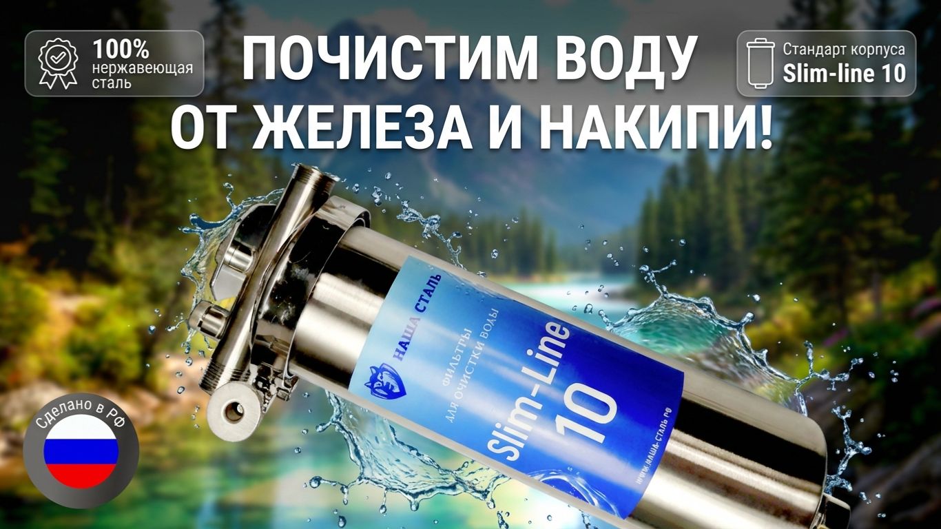 Фильтр для воды Наша Сталь Slim-Line 10: магнит + фильтрация = вода без железа и накипи.