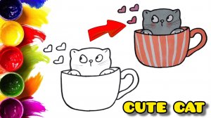 Как легко нарисовать милого котика в чашке 🐱❤️