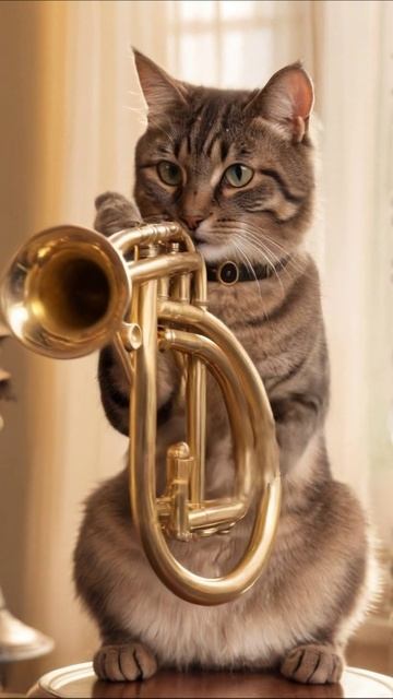Кот, играющий на трубе #кот #музыка #веселье