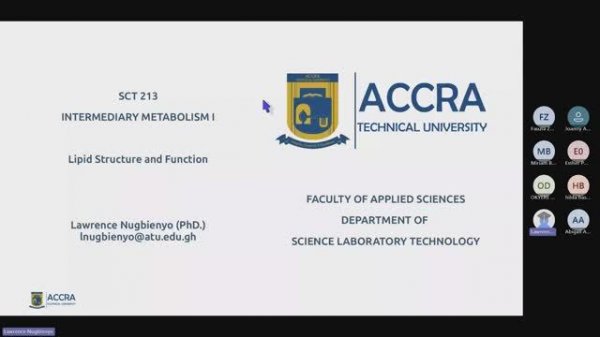 SCT 213 Biochemistry - Intermediary Metabolism I: Lipid Structure ad Function