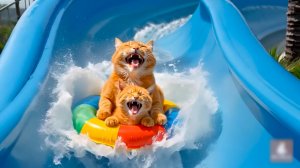 😹Мама кошечка со своим маленьким котёночком катаются в аквапарке с водяной горки🔥