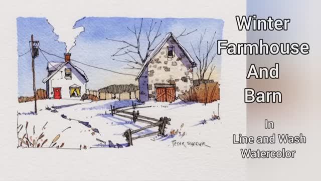 Line and Wash Winter Farm Watercolor by Peter Sheeler смотреть онлайн
