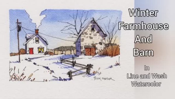 Line and Wash Winter Farm Watercolor by Peter Sheeler