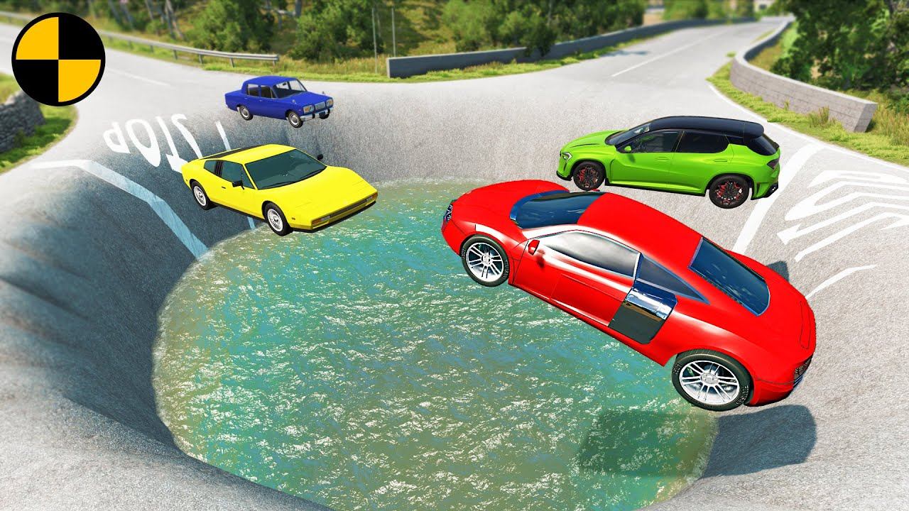 Cars Vs Huge Water Potholes  BeamNG Drive