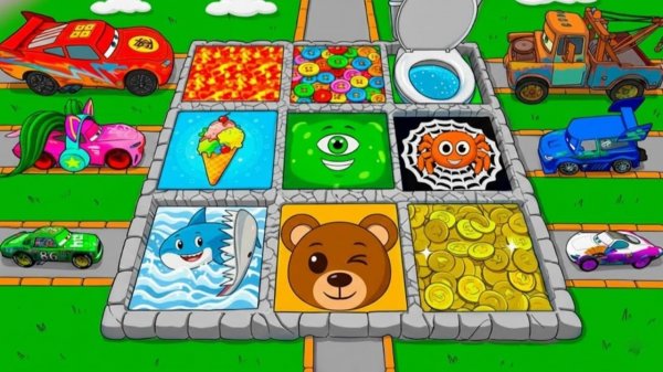 ДЕТЯМ: МОЛНИЯ МАКВИН И ПРЫЖКИ В БАССЕЙН! МАШИНКИ, АКУЛЫ И СЮРПРИЗЫ! УЧИМ ЦВЕТА 🚗💦🦈