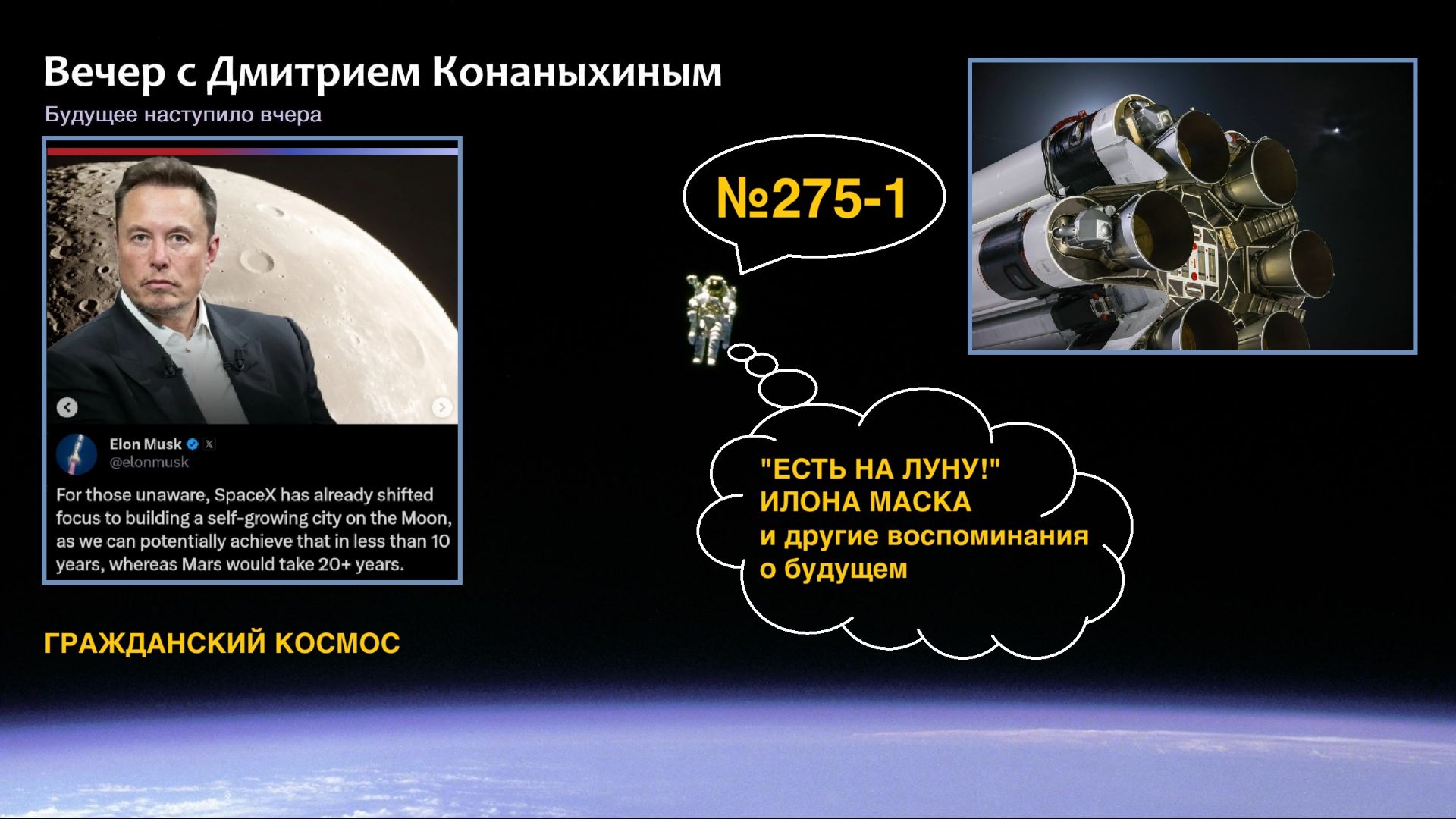 Вечер с Дмитрием Конаныхиным №275-1 "ЕСТЬ НА ЛУНУ!" Илона Маска и другие воспоминания о будущем смотреть онлайн