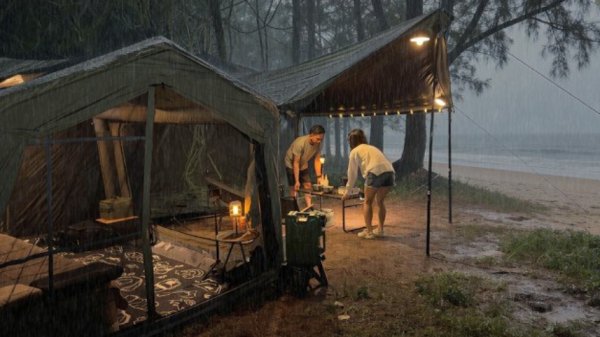 Не одиночный кемпинг, кемпинш в лесу в надувной палатке.