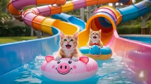 😹Мама кошечка со своим маленьким котёночком катаются в аквапарке с водных горок🔥