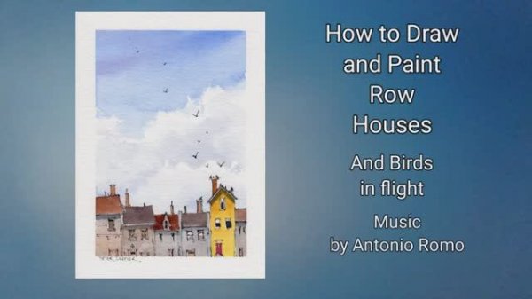 Quick and simple way to paint clouds, houses, flying birds. Line and wash watercolor. Peter Sheeler