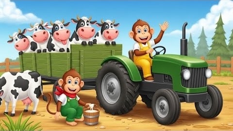 Обезьяна-фермер чинит трактор и вспахивает свекольное поле - Работа на ферме