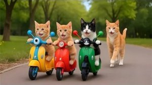 Кошачьи друзья устраивают гонки на разноцветных самокатах 🛴😄 | Весёлое приключение на свежем возду