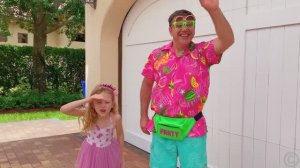 Nastya plays on a trampoline and has fun with her grandfather