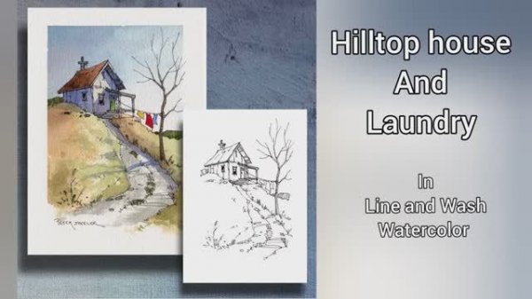 Line and Wash Watercolor of an hilltop Farmhouse and Laundry