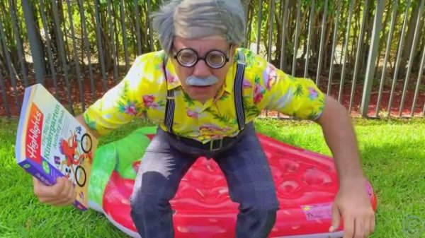 Nastya plays on a trampoline and has fun with her grandfather