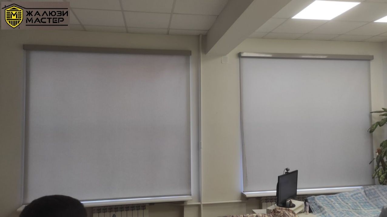 Стильный функциональный декор окон в офисном пространстве с помощью серых рулонных штор. смотреть онлайн