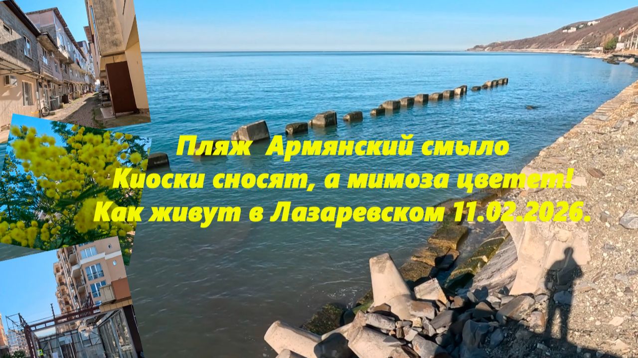 Пляж Армянский смыло, киоски сносят а мимоза цветет! Лазаревское 11.02.2026. смотреть онлайн