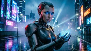 Женщина- андроид в неоновом городе