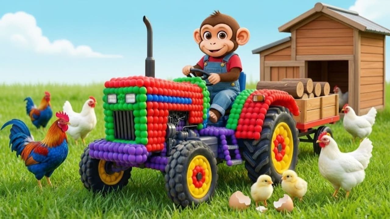 ДЕТЯМ: СИНИЙ ТРАКТОР, ОБЕЗЬЯНКА И МАШИНКИ НА ФЕРМЕ! УЧИМ ЦВЕТА И ЖИВОТНЫХ 🐒🚜🌈 смотреть онлайн