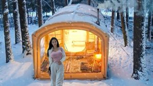 Кемпинг в снегопад, с новой 3-х комнатной надувной палаткой.