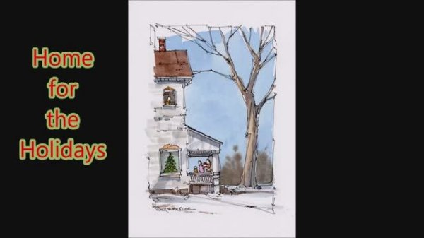 "Home for Christmas". Winter Farm house. Simple Line and Wash watercolor. Peter Sheeler