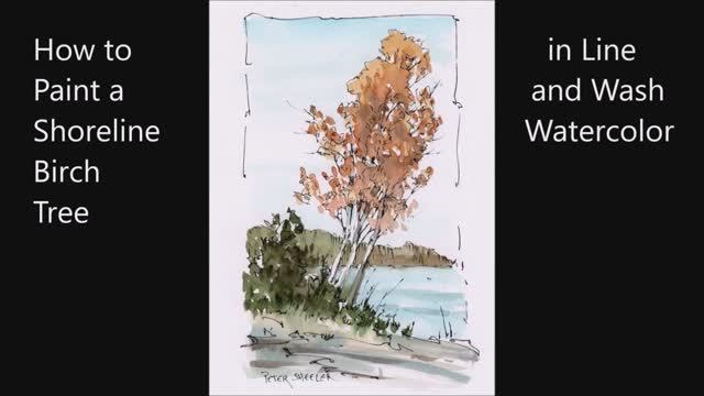 Shoreline birch trees. Line and wash watercolor. Just one brush and minimum of colors. Peter Sheeler смотреть онлайн